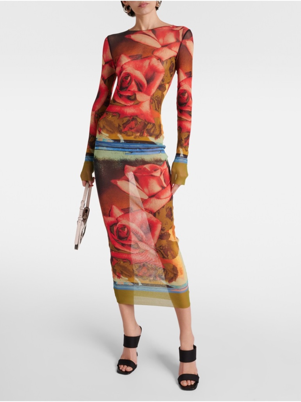 Jean Paul Gaultier Sheer Rose-Print Bodycon Dress in Red and Olive- NWT - sz L